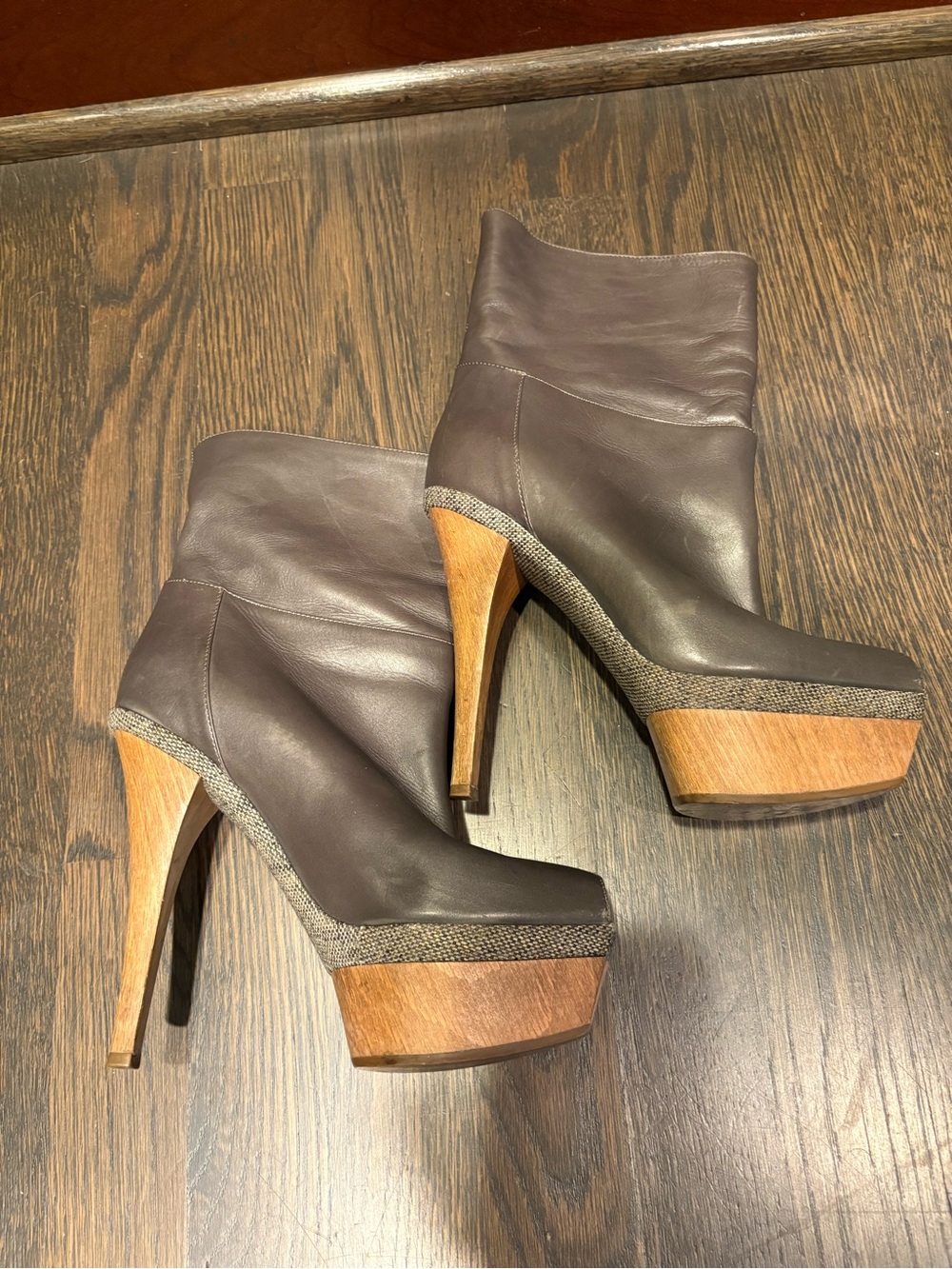 Marni Dark pewter with tweed  Leather Peep-Toe wood Platform Boot as-is size 6